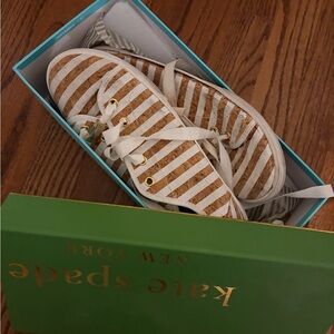 Kate Spade Tan and White Striped Sneakers